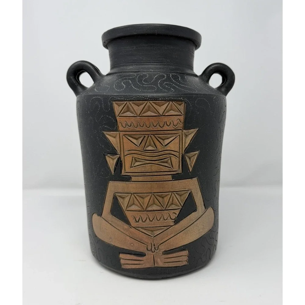 Vtg Black Pottery Vase Copper Colored Relief Tribal Geometric Double Handle 11
